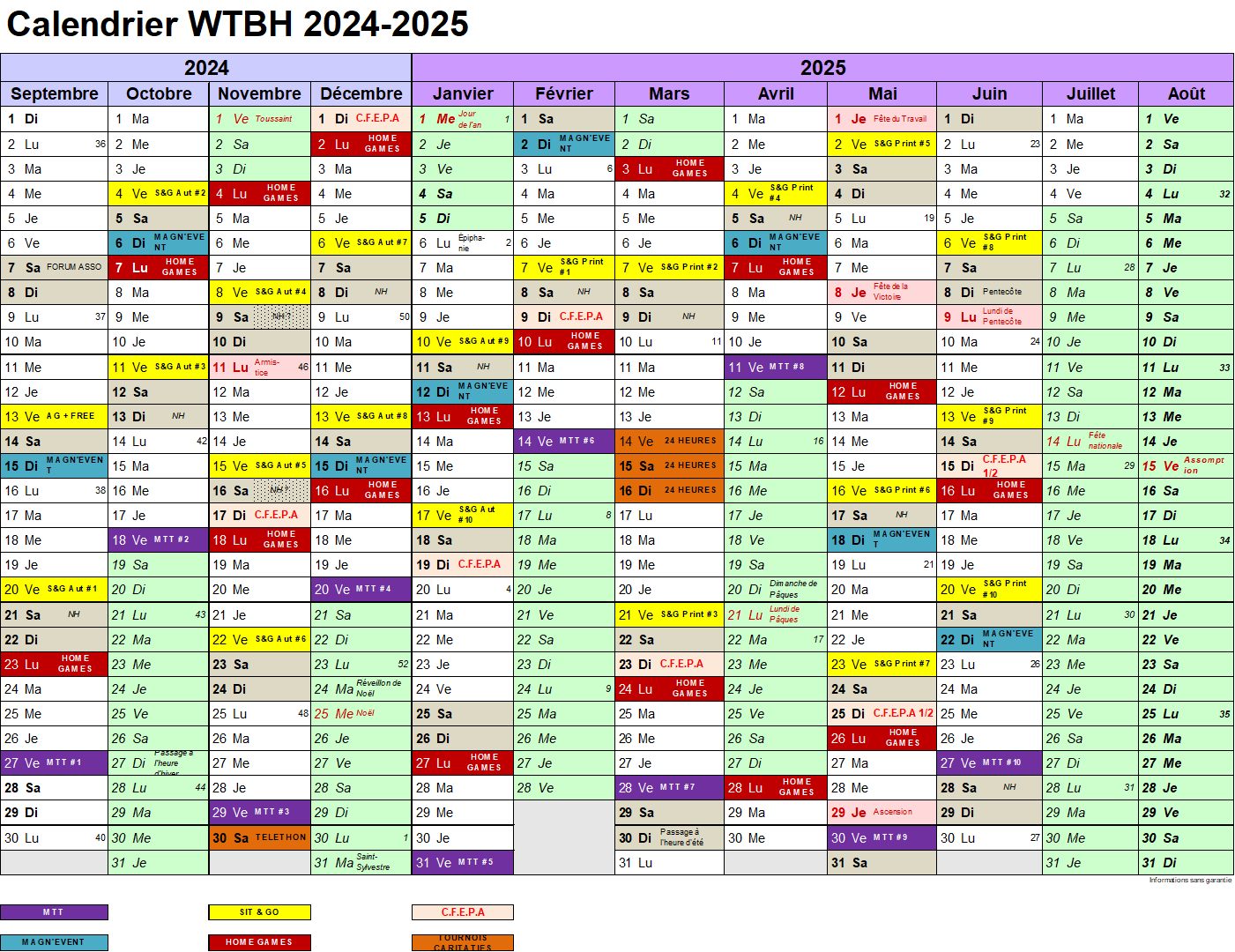 Calendrier saison 18 2024 2025